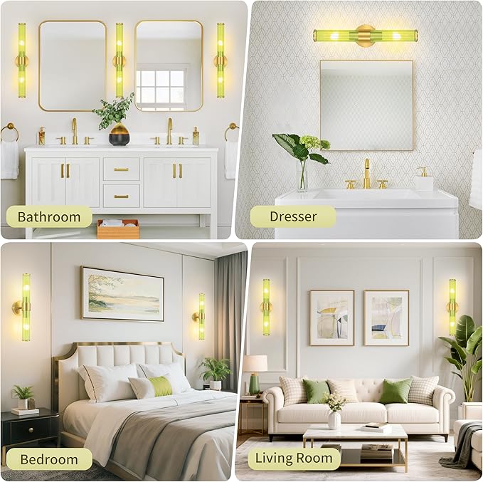 Gold Battery Operated Wall Sconces Set of 2, Rechargeable Wall Lights with Remote Control, 20 Inch Modern Wireless Wall Lamp for Bedroom, Living Room with Green Shade (Bulbs Included) - Bloomnest