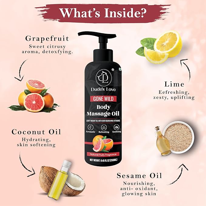 Organic - Grapefruit Full Edible Body Massage Oil - Refreshing, Calming | No Stain & Non-Sticky | with Fractionated Coconut Oil, Grapefruit & Lime Oil - 8.45 Fl Oz - Bloomnest