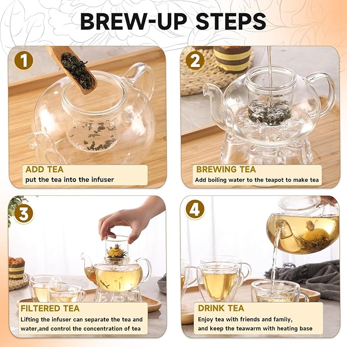 Glass Teapot Set, 40OZ/1200ml Stovetop Safe Glass Tea Kettle with 4 Double-Wall Tea Cups & Loose Tea Infuser & Tea Warmer, Dishwasher Safe Tea Maker, Blooming Tea Gift Set For Women - Bloomnest