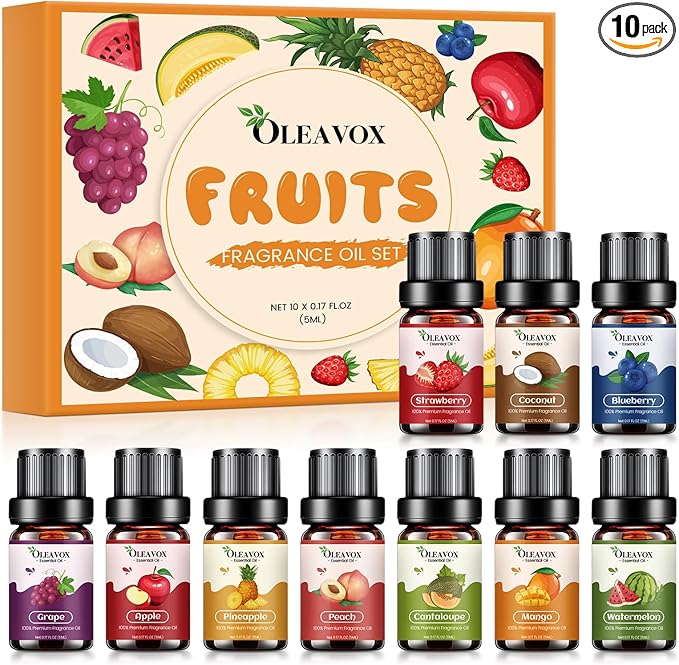 Fruity Essential Oils Gift Set, Premium Fragrance Oil for Candle & Soap Making, Coconut, Strawberry, Pineapple, Mango, Peach, Apple,10x5ml Fruit Aromatherapy Diffuser Oils for Home - Bloomnest