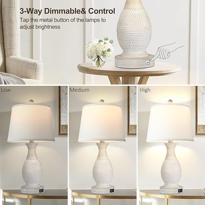 PARTPHONER Set of 2 Table Lamps with USB C+A Fast Charging Ports, 26" Tall Farmhouse Living Room Lamp with 3-Way Dimmable Nightstand Lamp White Fabric Shade for Living Room Bedroom Home Office - Bloomnest