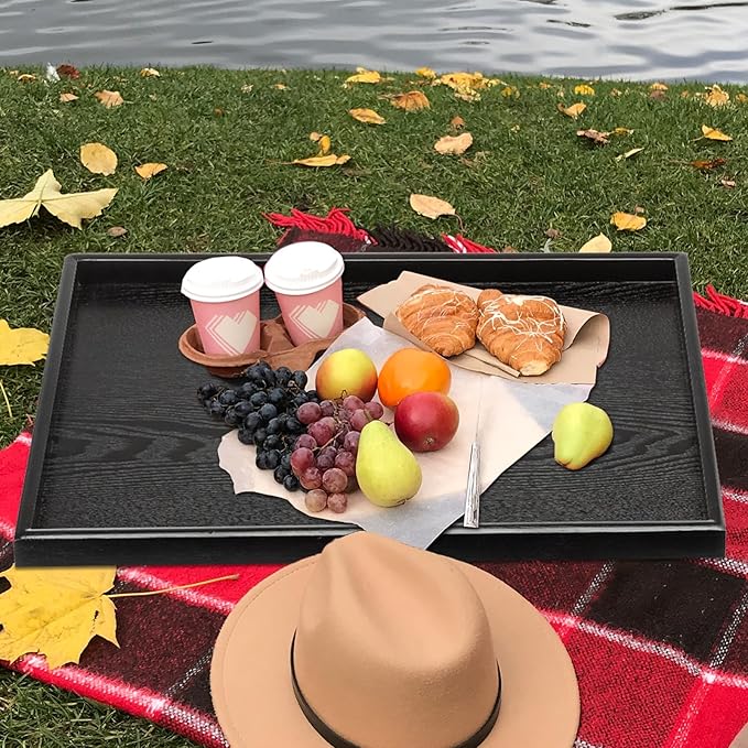 32 x 20 Inches Extra Large Solid Wood Serving Tray for Tea Coffee Table Snack Food Meals Serving Plate Kitchen Party Bar Breakfast Server with Raised Edges Black Wooden Decorative Ottoman Tray - Bloomnest