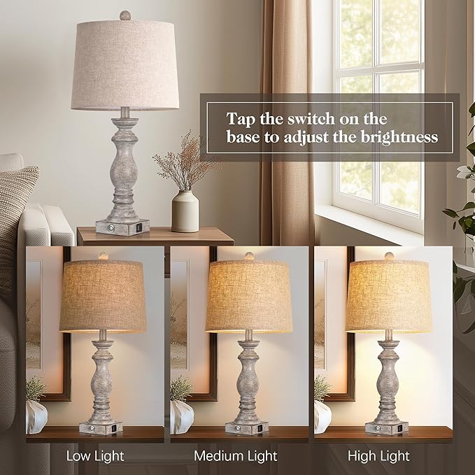 24.5" Table Lamp Set of 2, Rustic Farmhouse Bedside Lamps with USB A+C Charging Ports, 3-Way Dimmable Touch Control Nightstand Lamps for Living Room Bedroom, Antique Grey White, LED Bulbs Included - Bloomnest