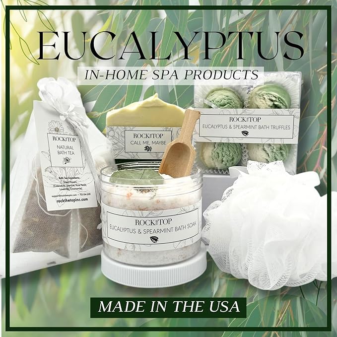 USA MADE | Eucalyptus Spearmint Spa Gift Baskets for Women. 6 Cold & Stress Self Care Gifts, Aromatherapy Epsom Salt Bath Soak, Bath Soap, Bath Bombs (Truffle), Bath Salts Gift Basket. - Bloomnest