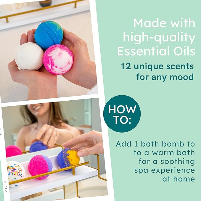 Anovina 12XL Bath Bombs for Women & Kids, Spa Gifts with Essential Oils, Relaxation & Stress Relief, Aromatherapy Bath Products, Made in USA Gift Set, Natural Scented Bath Bombs for Men - 12 Pack - Bloomnest