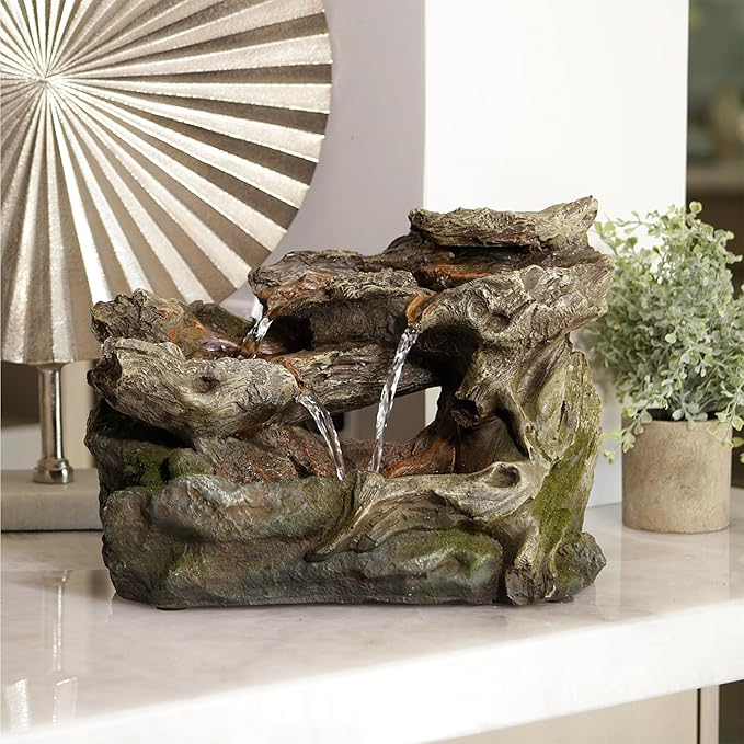Alpine Corporation WIN1334 10" Tall Tabletop 3-Tier Waterfall Rock Fountain with LED Lights, Indoor Decorative Water Feature for Desk, Table, Office, and Home, Brown - Bloomnest