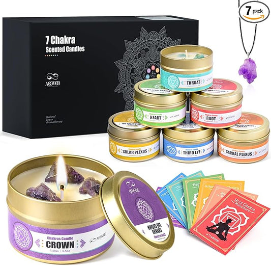 AOOVOO Chakra Candles with Healing Crystals - 7 Chakra Candle Set, Spiritual Gifts for Women, Aromatherapy Candle, Soy Candles for Women - Bloomnest