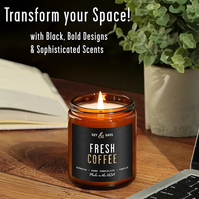 Fresh Coffee Candle - Black Candles for Men or Women - Dark Coffee Beans, Caramel & Vanilla Cream Soy Wax Scented Mens Candle - Infused w/Essential Oils | Long 50Hr Burn, 9oz I Non Toxic I Made in USA - Bloomnest