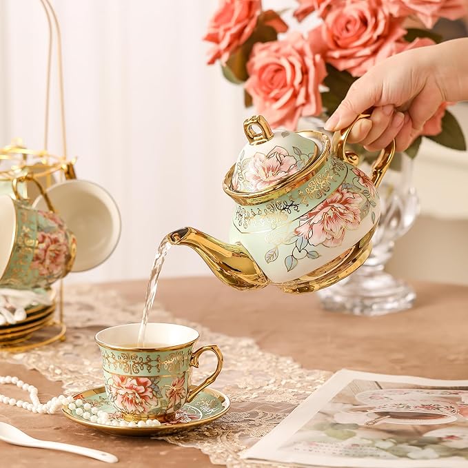 20 Pieces Porcelain Tea Set With Metal Holder, European Ceramic tea set for adults,Flower Tea Set,Tea Set For Women With Flower Painting（Light Green） - Bloomnest