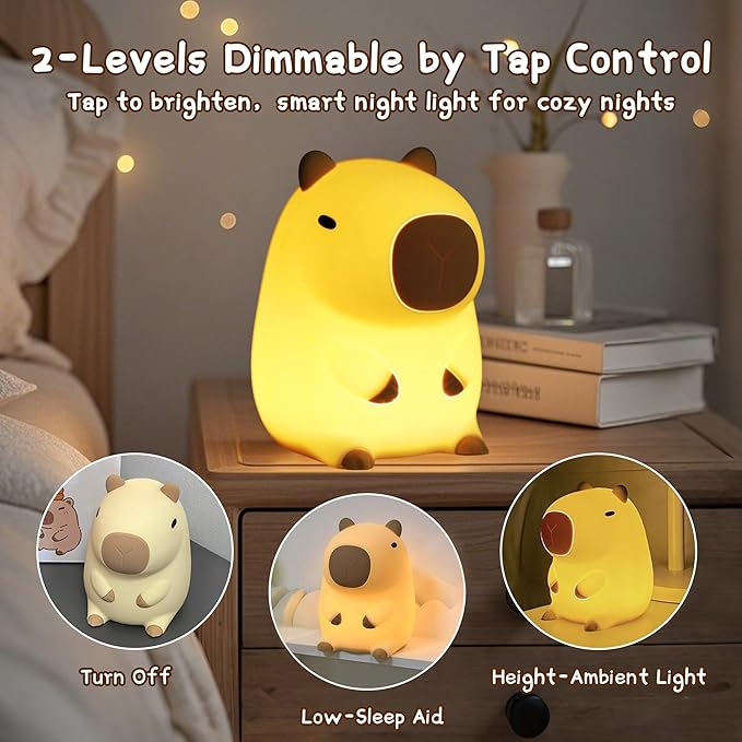 Cute Capybara Night Light, LED Squishy Novelty Animal Night Lamp,2 Levels Dimmable/Timer Nursery Nightlight for Kids, Rechargeable Touch Bedside Lamp, Bedroom/Dorm Decor, Baby Boys Girls Gifts - Bloomnest