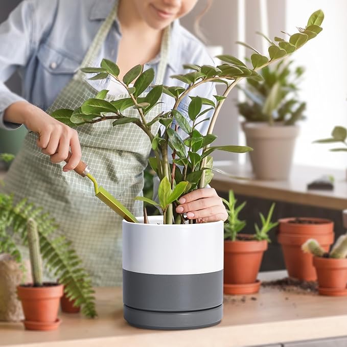 D'vine Dev 4.7 Inch & 6.5 Inch Ceramic Planter Pots for Plants with Drainage Hole and Saucer, Small Plant Pots Set, White/Speckled Grey, 94-G-S-6 - Bloomnest