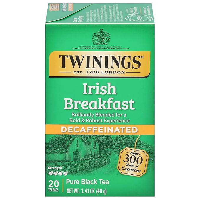 Twinings Decaffeinated Irish Breakfast Black Tea Individually Wrapped Bags, 20 Count (Pack of 1), Flavourful, Robust, Enjoy Hot or Iced, 20 Teabags - Bloomnest