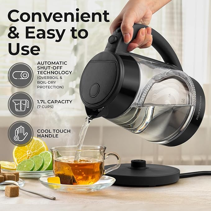 Zulay Kitchen Fast Boiling Electric Water Kettle - 1.7L, 1500W, Auto Shut-Off for Overboil & Boil Dry Protection, Cool-Touch Handle, 360° Base - Rapid Teapot Boiler For Coffee & Tea - Black Metallic - Bloomnest