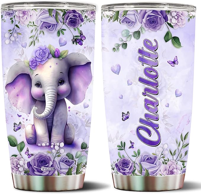 Personalized Elephant Tumbler Customized Name Elephants Mug Gift Mugs Funny Gifts For Adults Purple Flowers Cups 20oz Insulated Stainless Steel Coffee Cup With Lid - Bloomnest