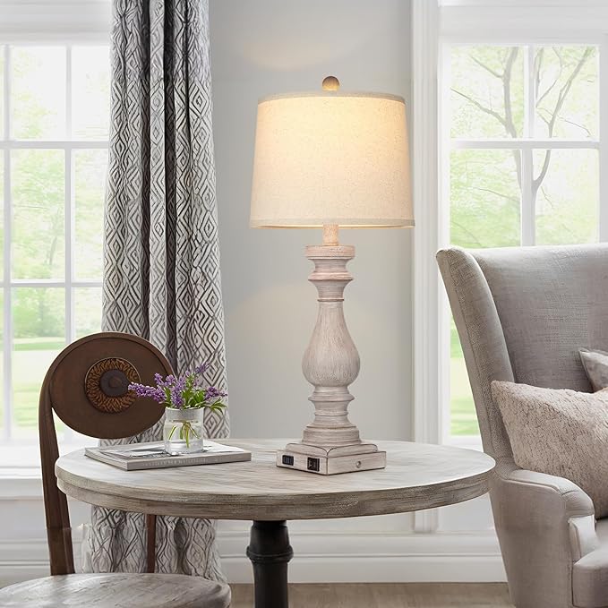 27.5" Farmhouse Table Lamp for Living Room,Vintage Bedside Lamp with USB C+A Ports & AC Outlet,3-Way Dimmable Touch Control Gray Washed Finish Nightstand for Bedroom, Single Gray - Bloomnest