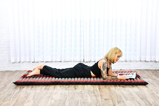 Leewadee - Kapok Roll Mat – Handcrafted Folding Sleep & Relaxation Mattress from Thailand, Ideal as Guest Bed, Camping Mat, Yoga Mat or Traditional Futon, 75 x 39 inches, Black Red - Bloomnest