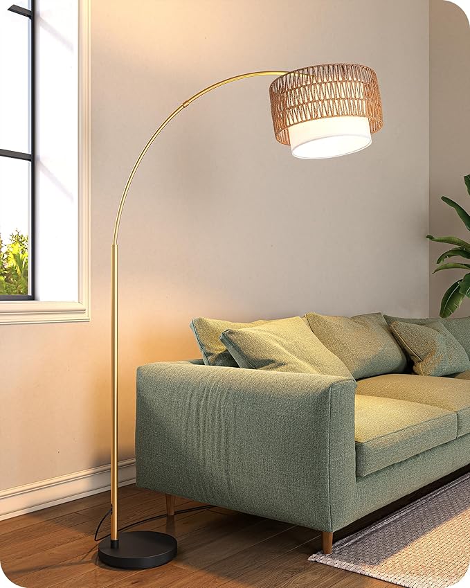 EDISHINE Gold Floor Lamps for Living Room, 76" Arc Floor Lamp with Remote & Dimmable Bulb, Boho Rattan Standing lamp with 5 Color Temperatures, Adjustable Tall Lamp for Bedroom, Office, Nursey - Bloomnest