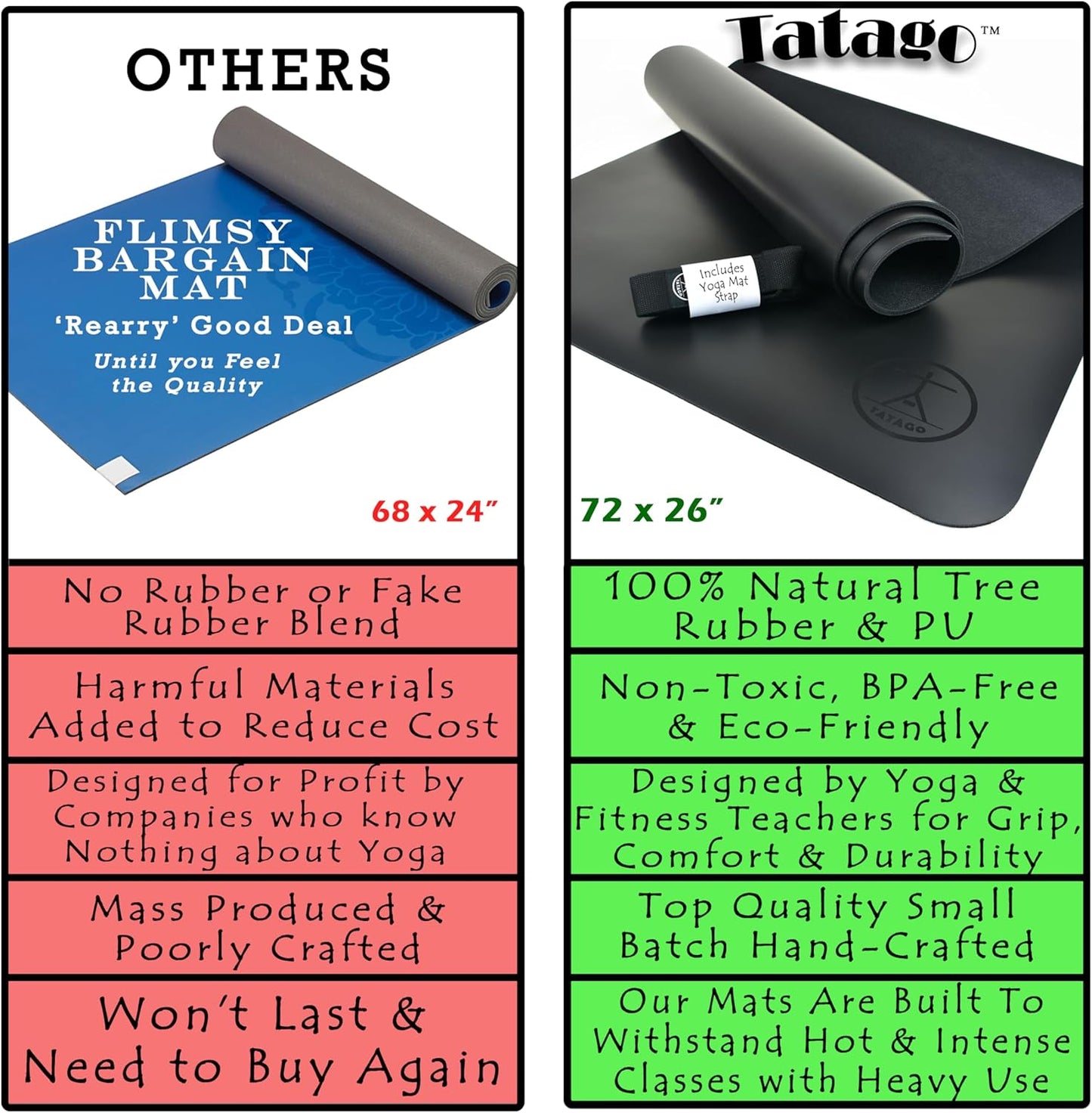 Tatago Hot Yoga Mat Non Slip-Professional Grade Natural Rubber Yoga Mat, Pliates Mat, Stretching Mat or exercise mats for home workout. Nonslip for Hot and Sweaty Classes. Includes Yoga Strap for Carrying and Stretching too.