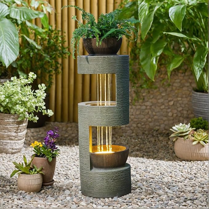 38" Outdoor Water Fountain with Waterfall & LED Lights Freestanding Garden Water Fountain for Patio/Backyard Resin Tiered Fountains with Pump, Brown - Bloomnest