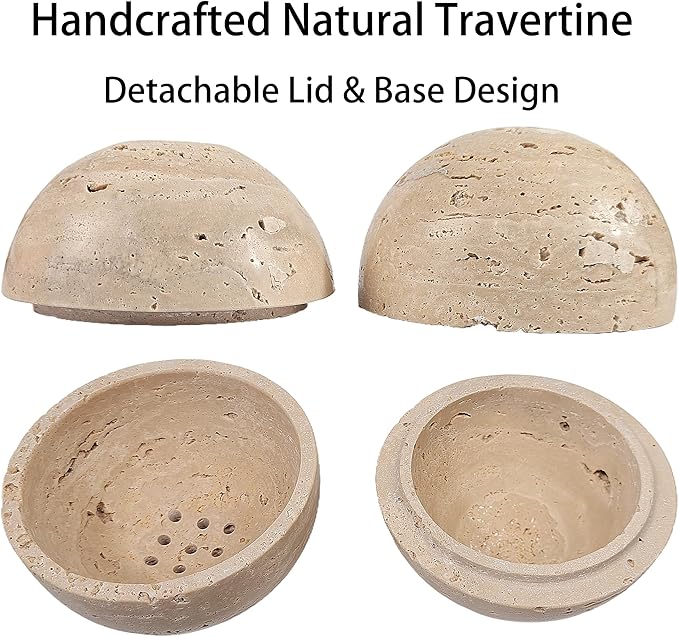 Natural Stone Sphere Incense Holder: 4" D Hand-Carved Aromatherapy Burner for Yoga, Meditation & Relaxation, Elegant Multi-Hole Design, Beige Travertine - Bloomnest