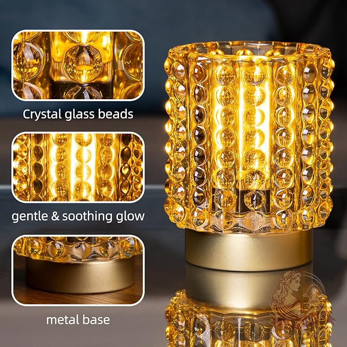 Battery Operated Lamp with Timer, Mini Crystal Table Lamps for Home Decor, Small Cordless Lamp for Areas No Outlets, Glass Battery Powered Lamps for Entryway, Bedroom, Bathroom, Shelf, Corner(Yellow) - Bloomnest