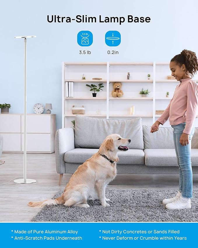 TROND Floor Lamp, LED Torchiere Uplight Lamp, 5 Brightness Aluminum Modern Standing Light, 5500K Natural Daylight, 5000 lm, 71in Tall, 30 Mins Timer, Detachable, for Office Living Room Bedroom, Silver - Bloomnest