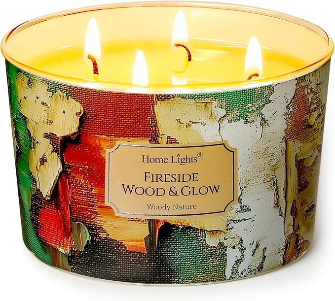 HomeLights 4-Wick Candles for Home Scented - 18oz Soy Wax Blend Candle Long-Lasting Fragrance, Industrial Chic Home Decor and Housewarming Gifts, Fireside Wood & Glow - Bloomnest