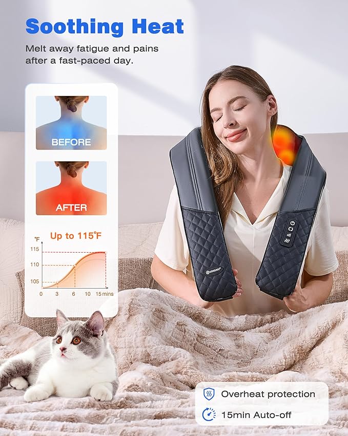KINGJOY Neck and Shoulder Massager with Heat, 2025 Upgarded 4D Shiatsu Neck and Back Massager with 16 Massage Nodes for Back, Shoulder, Legs, Pain Relief & Tension Relief, Gifts for Women/Men/Mom/Dad