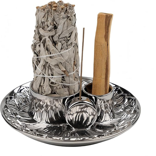 4 in 1 Incense Holder, Ceramic Incense Stick and Palo Santo Holder,Sage Holder for Burning- 5.5" Ceramic Ash Catcher Tray for Meditation and Yoga Room (Silver) - Bloomnest