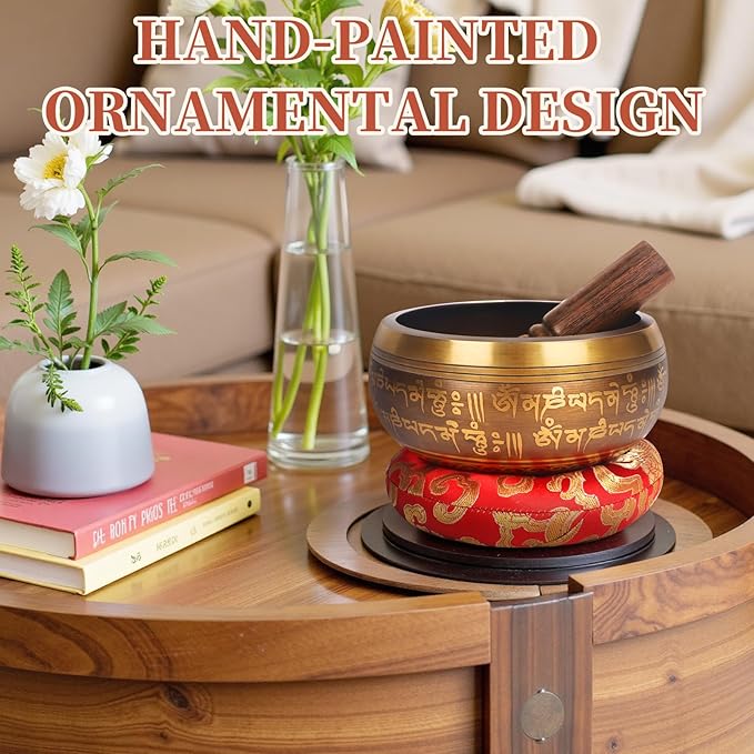 AKLOT HandMade Meditation Singing Bowl: Tibetan Sound Bowl Set with Pure Tone, Sound Bath Bowl with Cushion, Mallet, Carry Bag, Spiritual Gift for Chakra Clearing, Yoga, Prayer, Relaxation (5 Inch)