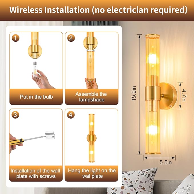 Gold Battery Operated Wall Sconces Set of 2, Rechargeable Wall Lights with Remote Control, 20 Inch Modern Wireless Wall Lamp for Bedroom, Living Room with Amber Shade (Bulbs Included) - Bloomnest