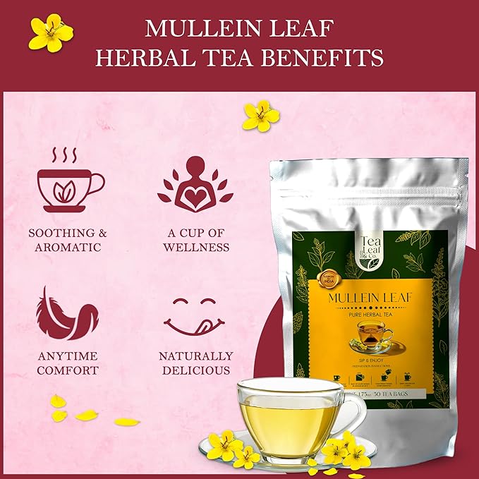 Tealeaf & Co. Mullein Leaf Tea Blended with Fresh Herbs - Pure Herbal Tea Bags with Mullein Leaf Extract - Flavored Herbal Blend - Low Caffeine - Gluten Free - 50 Teabags - Bloomnest