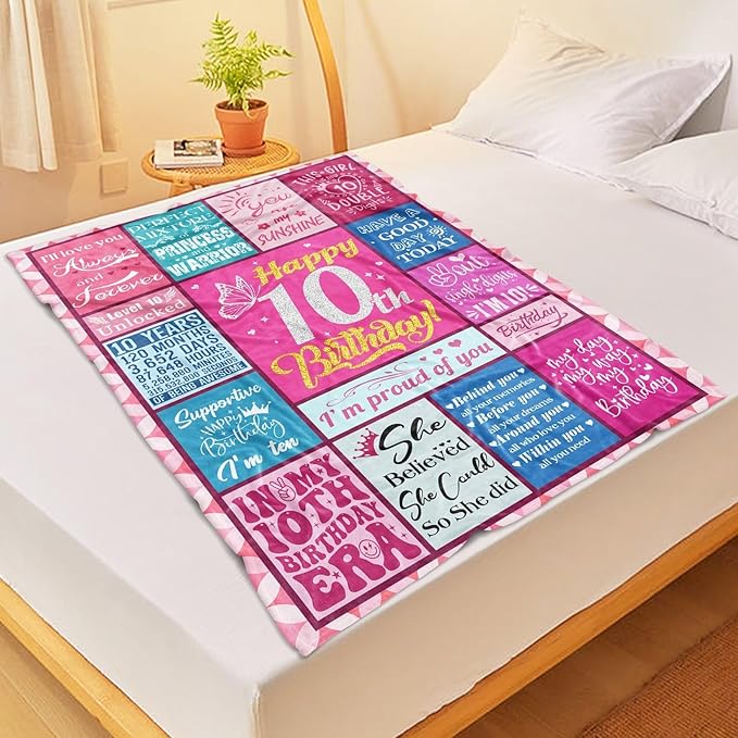 10th Birthday Checkered Flannel Girl's Double Digits Birthday Blanket, 50"x60", Modern Style, Heavy Weight, Perfect for Lounging, Napping, Watching TV, Indoor/Outdoor Use - Bloomnest