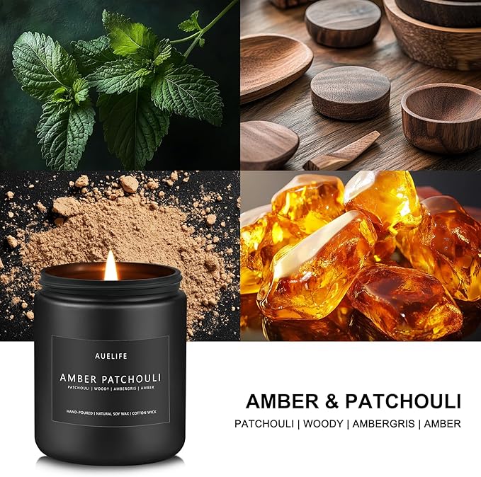 Amber & Patchouli Candle | Candles for Men - Scented Candles for Home, Gifts for Men - Soy Candle for Home Scented, Aromatherapy Manly Gift - 7oz Black Jar - Bloomnest