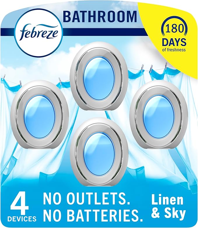 Febreze Bathroom Air Freshener, Odor-Fighting, Plug In Alternative, Air Fresheners for Home and Bathroom and Kitchen, Closet Air Fresheners, Linen & Sky Scent, 4 Count - Bloomnest