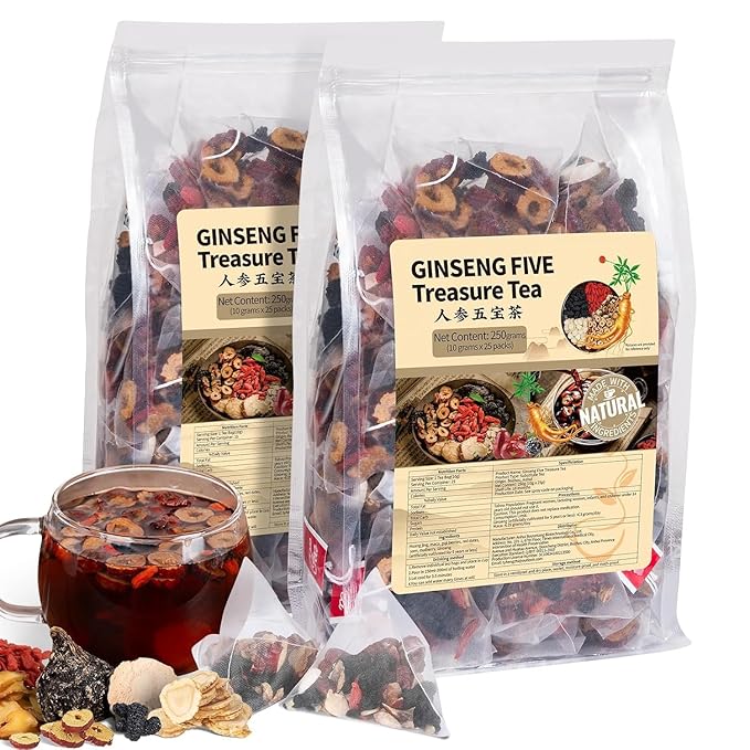 Ginseng Five Treasures Kidney Tea, Traditional Chinese Herbal TeaBags, Natural Organic Kidney Cleanse Detox Tea for Women & Men, 7 Precious Ingredients Formula(2 Pack/50 Bags) - Bloomnest
