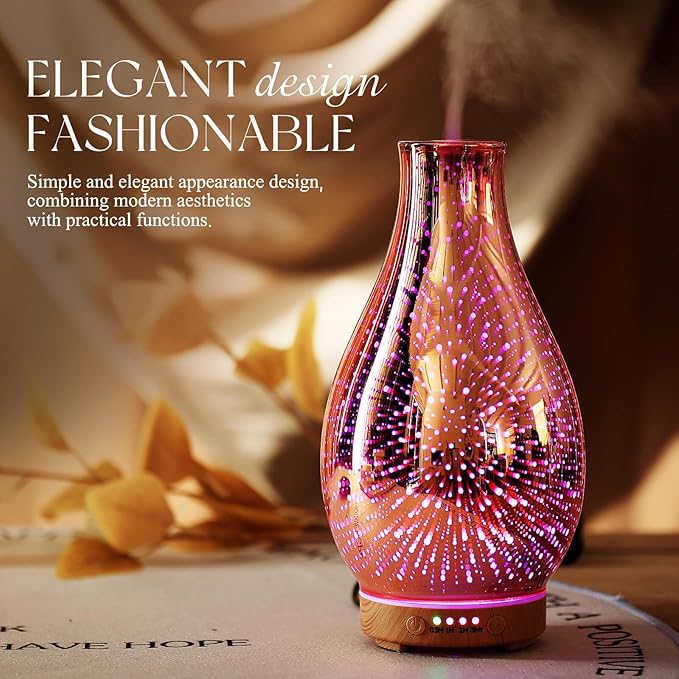 Porseme Essential Oil Diffuser 3D Glass Aromatherapy Ultrasonic Humidifier Cool Mist, Auto Shut-Off, Timer Setting, BPA Free for Home Office Hotel Yoga Gym Leisure SPA Gift 100ml Porseme