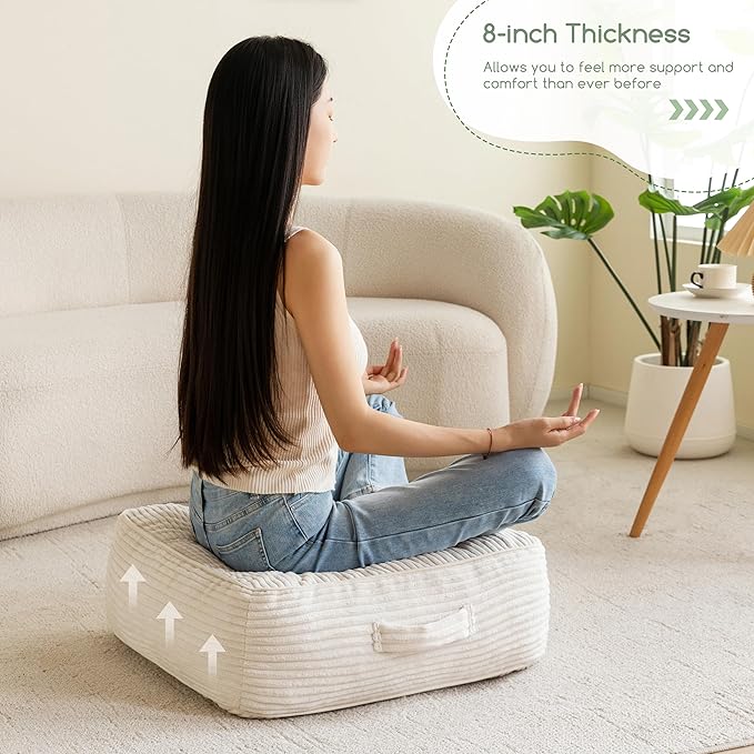 8" Washable Floor Pillow Cushion for Adults, Meditation Cushion Pillow, Large Square Floor Sitting, Removable Tufted Corduroy Cover, for Tatami Living Room or Yoga, 22x22 Inch, 2Pack, Machine Washable - Bloomnest