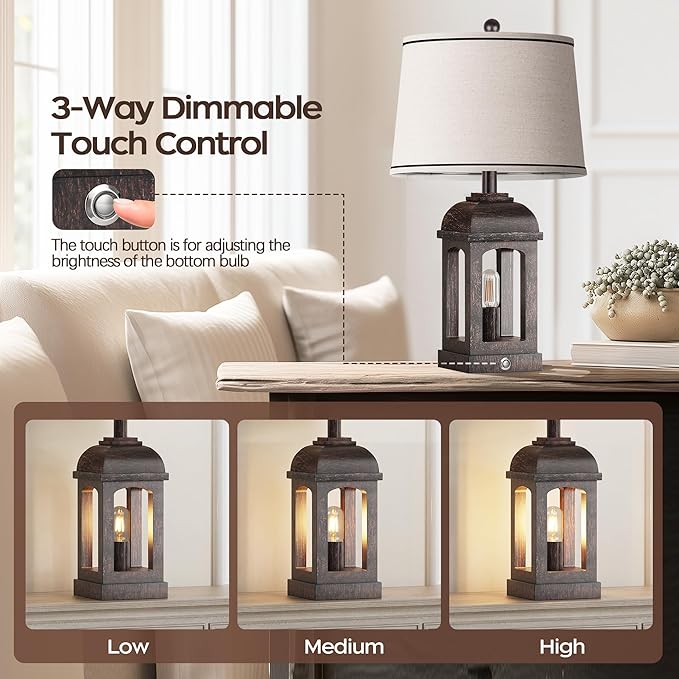 QiMH Table Lamp for Living Room, Farmhouse Lamps with USB A+C and Nightlight, 26" Rustic Bedside Lamps with 3-Way Dimmable Touch Control, Nightstand Lamp for Bedroom, Bronze, 1 Pack - Bloomnest