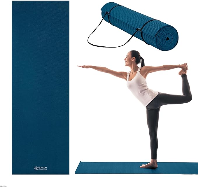 Gaiam Essentials Thick 2/5" (10mm) and Thin 1/4" (6mm) Yoga & Pilates, Fitness & Exercise Mat with Easy-Cinch Carrier Strap