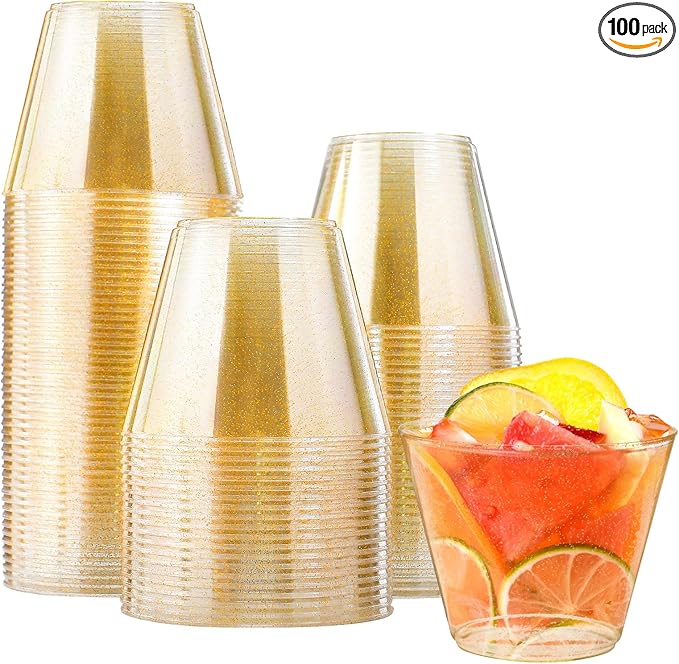 100 Count 9 oz Gold Plastic Cups, Disposable Cocktail Cups for Wedding & Party, Bulk Gold Plastic Tumblers, Fancy Disposable Party Cups for Cold Drinks - Bloomnest