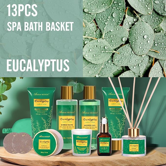 Gift Baskets for her, Spa Gifts for Women-13pcs Eucalyptus At Home Spa Kit with Body Salt, Bubble Bath. Relaxing Bath Sets for Women Gift, Birthday Gifts for Women, Mothers Day Gifts for Mom - Bloomnest