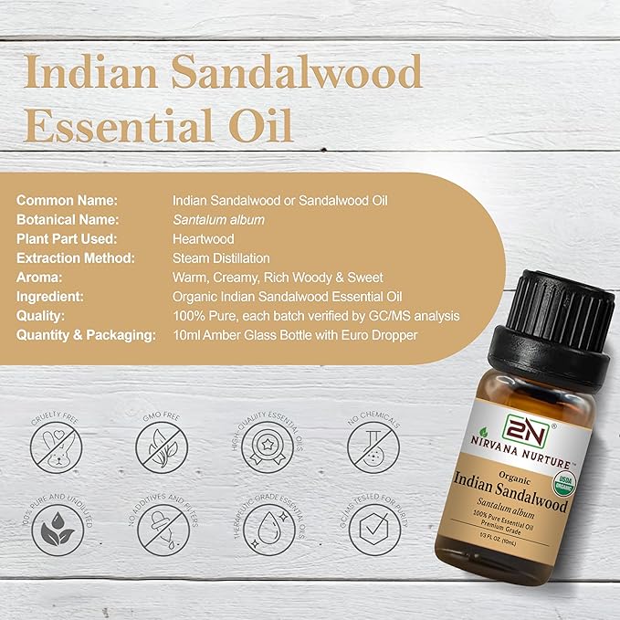 Indian Sandalwood Essential Oil, USDA Certified Organic, 100% Pure Undiluted, Aromatherapy Oil for Diffuser, Hair & Skin Care NirvanaNurture