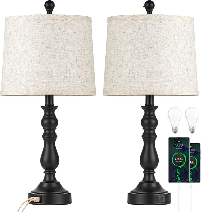 23'' Farmhouse Table Lamps for Living Room Set of 2 with USB C+A Ports, Retro Bedside Lamp for Bedroom, Office, Dining Room, Knob Switch, 3 Color Temperatures, Bulb Included, Black - Bloomnest