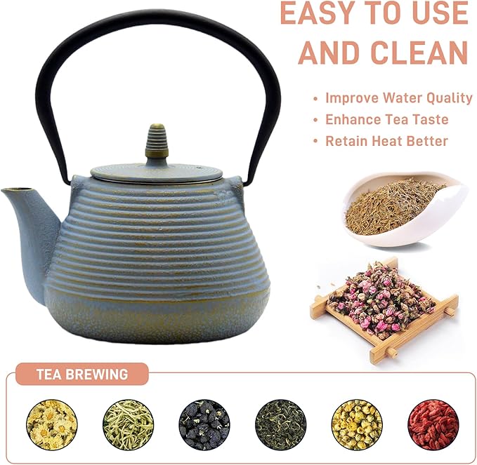 Teapot with Stainless Steel Infuser for Loose Tea, Cast Iron Tea Kettle for Stovetop Safe, Cast Iron Teapot Coated with Enameled Interior(33.8oz/1000ml)