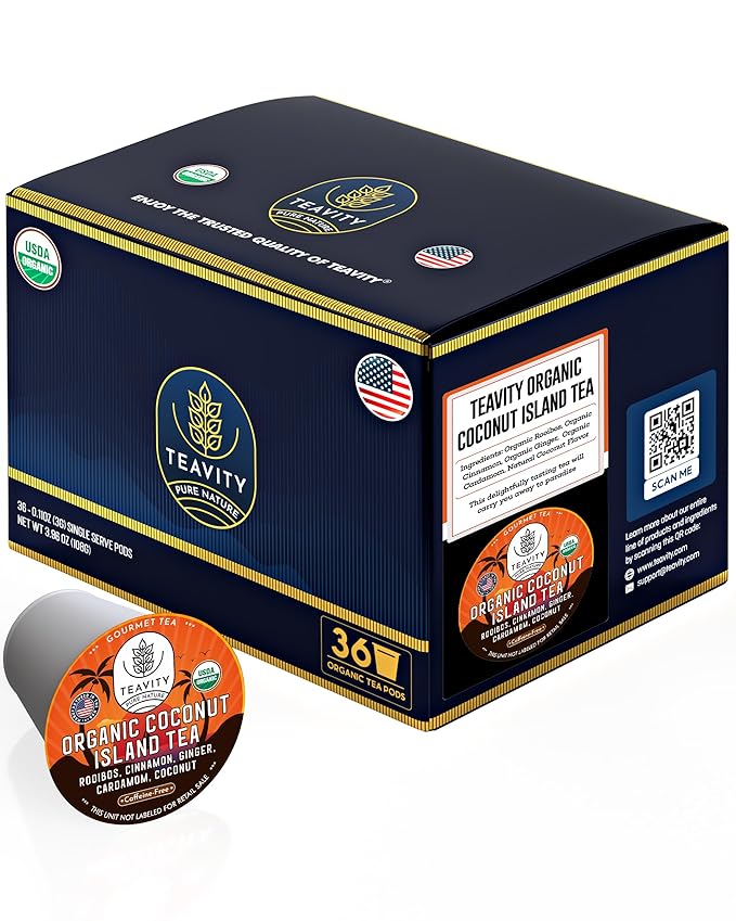 TEAVITY Organic Coconut Island Tea Pods | Recyclable Single-Serve Tea Pods Compatible with Keurig K-Cup 2.0 Brewers | Certified USDA Organic | 36 Count (Pack of 1) - Bloomnest