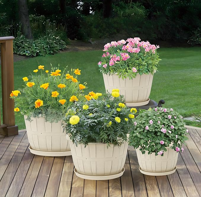 Quarut Plant Planters Pots Set of 4 Pack 16 Inch，Large Plastic Flower Pot for Indoor Plants with Drainage Holes & Trays, Whiskey Barrel Planters with Saucer for House Outdoor Garden Plant（White） - Bloomnest