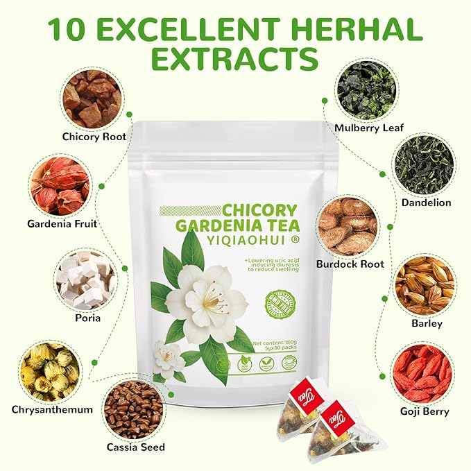Organic Chicory Gardenia Tea for Blood Sugar Support & Healthy Digestion | 30 Bags of Herbal Tea| 10-Ingredient Blend with Chicory, Gardenia, Dandelion, Goji & Chrysanthemum | Supports Liver & Eye Health | Sugar Free, Caffeine Free, Vegan - Bloomnest
