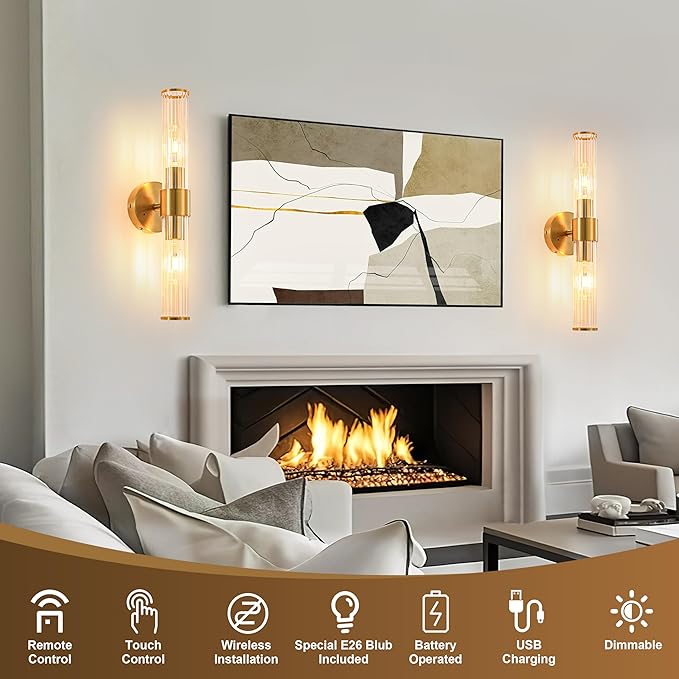 Gold Battery Operated Wall Sconces Set of Two, Rechargeable Wall Sconce with Dimmable Remote Control, 20 Inch Wireless Sconce Wall Light for Bedroom, Living Room (Bulbs Included) - Bloomnest