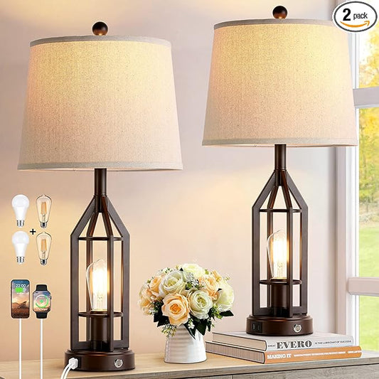 28" Living Room Lamps Set of 2, Farmhouse Table Lamps for Bedroom with USB A+C Ports, Touch Lamps for Nightstand End Tables, 4 Bulbs Included - Bloomnest